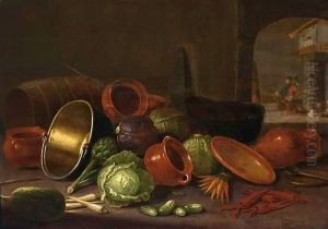 A Still Life With Earthenware Pots, A Barrel, Cabbages, Carrots, And Gherkins In The Foreground