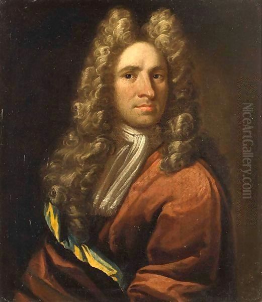 A Portrait Of A Gentleman, Half Length, Wearing A Red Coat With A White Shawl And A Wig - view 1