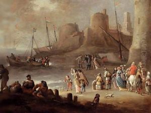 A Mediterranean Coastal Landscape With Elegant Figures On A Beach With Fishermen Unloading Their Catch, A Fortified Town Beyond by Hieronymus Janssens