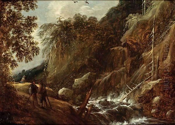 A Wooded River Landscape With Figures Conversing On A Path Near A Waterfall - view 1