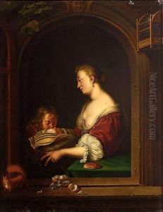 A Mother And Two Children In A Window Together With A Squirrel by Willem Van Mieris Leiden