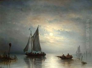 A Moonlit Coastal Landscape With Boats by Johannes Hilverdink