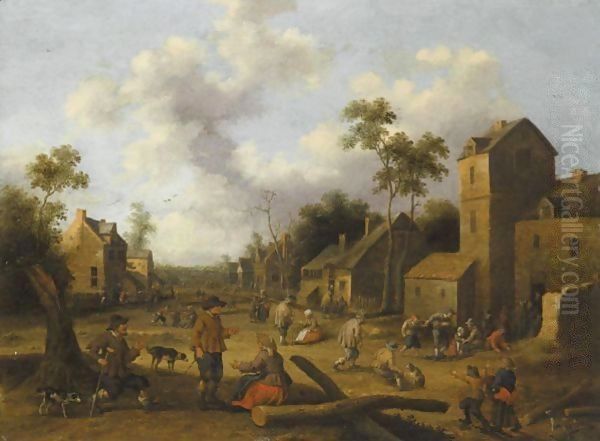 A Village Scene With Peasants Conversing In The Foreground - view 1