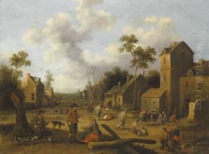 A Village Scene With Peasants Conversing In The Foreground