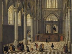 A Church Interior With Christ And The Woman Taken In Adultery