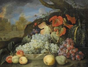 Still Life Of Grapes, Melons, Peaches And Pears Set In A Formal Garden Exterior by Joris Van Son