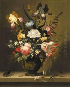 A Still Life Of Flowers, Including A Parrot Tulip, Irises And Roses, In A Grotesque Vase by Jacob Marrel