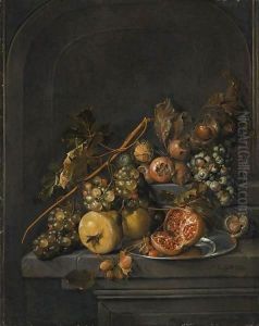 Still Life Of Fruit And Nuts On A Stone Ledge, Including Grapes, Pears, Horse Chestnuts