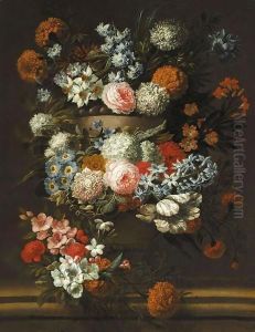 A Still Of Flowers In A Stone Urn, Including Roses And Chrysanthemums by Jan-baptist Bosschaert