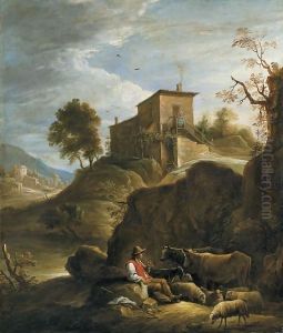 A Pastoral Landscape With A Herdsman Playing A Pipe Near A Waterfall