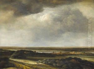 A Panoramic River Landscape With Drovers In The Foreground by Philips Koninck