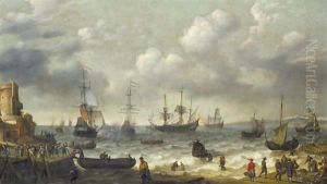 A Coastal Scene With Numerous Figures On The Shore, A Dutch Man O'War Firing Its Cannon Beyond by Abraham Willaerts