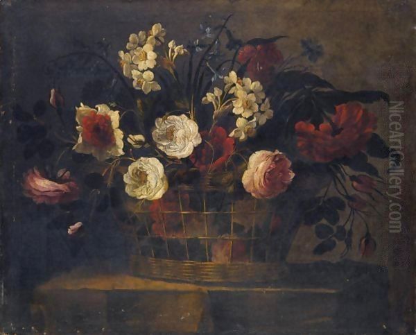 Still Life Of Flowers In A Wicker Basket - view 1