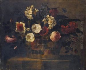 Still Life Of Flowers In A Wicker Basket