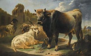 A Rocky Landscape With A Bull, Goat, Ram And Sheepdog Before A Set Of Ruins, A Shepherd And Flock Beyond