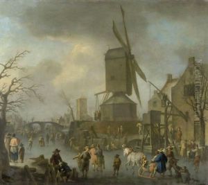Winter Landscape With Skaters On A Frozen River by Franz Ferg