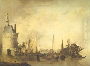A Canal Scene With Elegant Figures On A Quay, Together With Peasants Loading Barges
