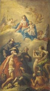 The Madonna And Child With Saints Jerome, Francis And Anthony Of Padua Interceding For Souls In Purgatory by Gaspare Diziani