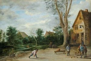 A Village Scene With Four Peasants Playing Bowls Before A Tavern, Two Cottages Beyond by David The Younger Teniers