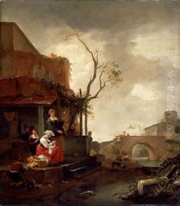 A Village Scene With Women Sewing And A Boy Peeling Vegetables At The Entrance To A Cottage by Thomas Wyck