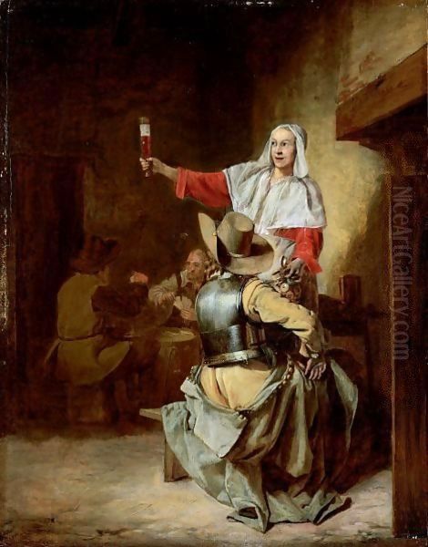 A Tavern Interior With A Seated Soldier, Seen From Behind, With A Serving Woman, Figures Playing Cards In The Background - view 1