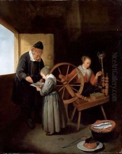 Interior With A School Master Teaching A Young Girl To Read, Another Girl Seated At A Spinning Wheel