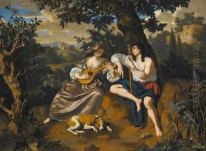 An Arcadian Landscape With A Shepherd Holding A Flute, Listening To A Shepherdess Playing A Stringed Instrument, A Dog Lying At Their Feet by Willem Van Mieris Leiden