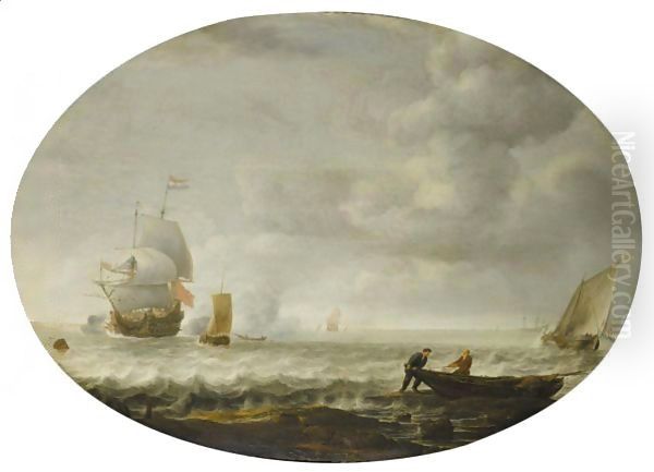 A Dutch Man Of War And Other Shipping Off A Coast, Fishermen Pushing Out To Sea In The Right Foreground - view 1