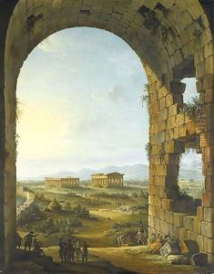 A View Of Paestum In Evening Light With Merry Travellers And An Artist Sketching Below A Stone Arch by Antonio Joli