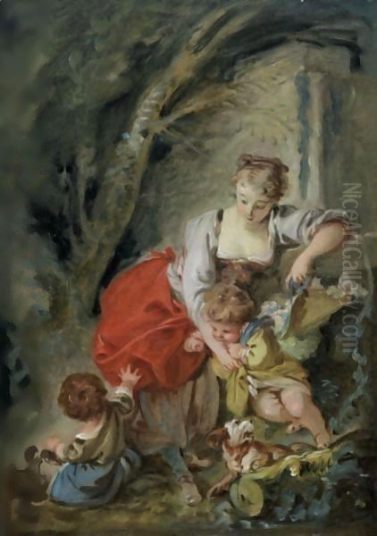 A Young Mother With Two Children And A Dog - view 1