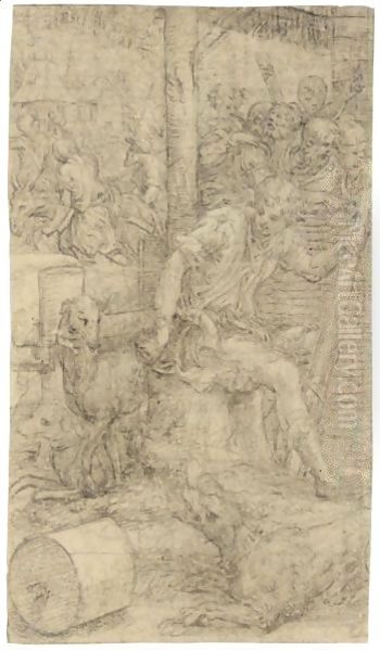 A Young Shepherd Seated On A Tree Trunk, Three Dogs Beside Him, Figures Beyond And Houses In The Background - view 1