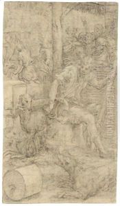A Young Shepherd Seated On A Tree Trunk, Three Dogs Beside Him, Figures Beyond And Houses In The Background by Giulio Campi