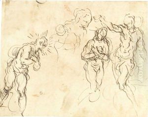 Sheet Of Figure Studies For A Baptism Of Christ by Palma Vecchio (Jacopo Negretti)