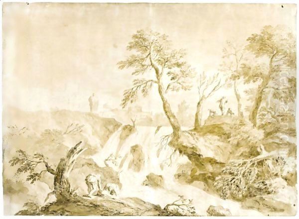 A Landscape With A Waterfall, Peasants On The Banks And Buildings In The Distance by Marco Ricci