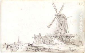 Landscape With A Large Windmill On A Farm, A Church Spire In The Distance by Jan van Goyen