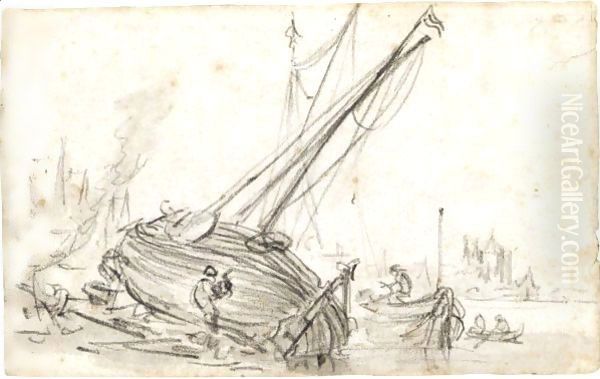 A Sailing Boat Being Recaulked On The Shore, With A Castle In The Far Distance - view 1