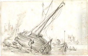A Sailing Boat Being Recaulked On The Shore, With A Castle In The Far Distance by Jan van Goyen