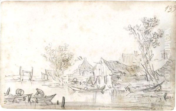 Houses By A Riverbank With Trees, With A Man In A Rowing-Boat In The Foreground - view 1
