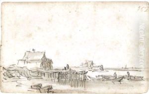 A Farmstead On The Shore With A Jetty, Men In Rowing Boats In The Foreground