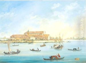 Gondoliers And Sailing Boats Before An Island In The Venetian Lagoon