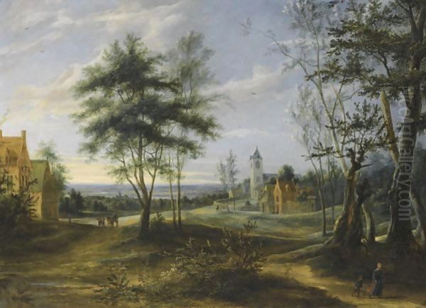 A Village Scene With Figures In The Foreground, A Church Beyond - view 1
