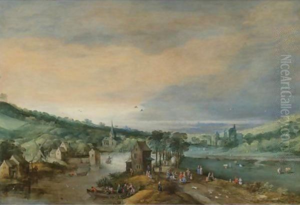 A River Landscape With Figures On A Road Passing A Town, And A Distant View Of The Sea - view 1