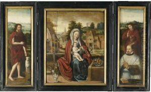 A Triptych - Central Panel The Madonna And Child In A Landscape With A Bunch Of Grapes - Left Wing Saint John The Baptist - Right Wing Saint John The Evangelist With A Donorout - Side Left Panel Saint Jerome - Outside Right Panel Saint Nicolas Of Bari by Bruges