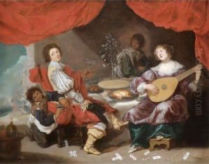 An Interior With A Lady And Gentleman Making Music And Feasting by Simon de Vos
