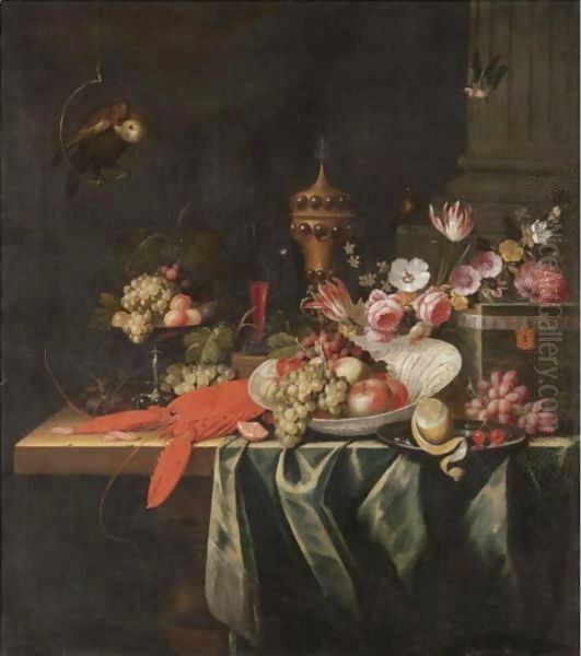 Still Life With Grapes And Apples In A Porcelain Bowl, Cherries And A Partly Peeled Lemon On A Pewter Plate - view 1