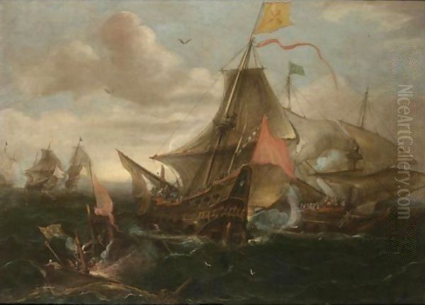 A Naval Engagement Between Spanish Men-O'-War And Turkish Galleys In Heavy Seas - view 1