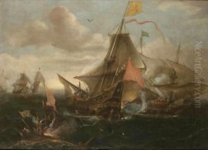 A Naval Engagement Between Spanish Men-O'-War And Turkish Galleys In Heavy Seas by Andries Van Eertvelt