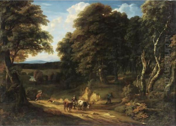 A Wooded Landscape With A Drover And Two Heifers On A Road, Two Anglers On The Bank Of A River Beyond - view 1