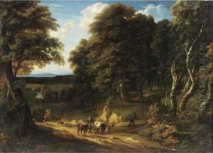 A Wooded Landscape With A Drover And Two Heifers On A Road, Two Anglers On The Bank Of A River Beyond by Cornelis Huysmans