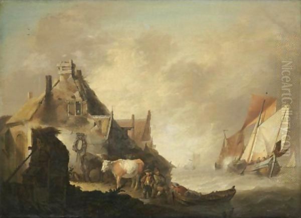A Coastal Scene With Fishing Vessels In Stormy Seas, Figures With Cattle Before A House On The Shore - view 1
